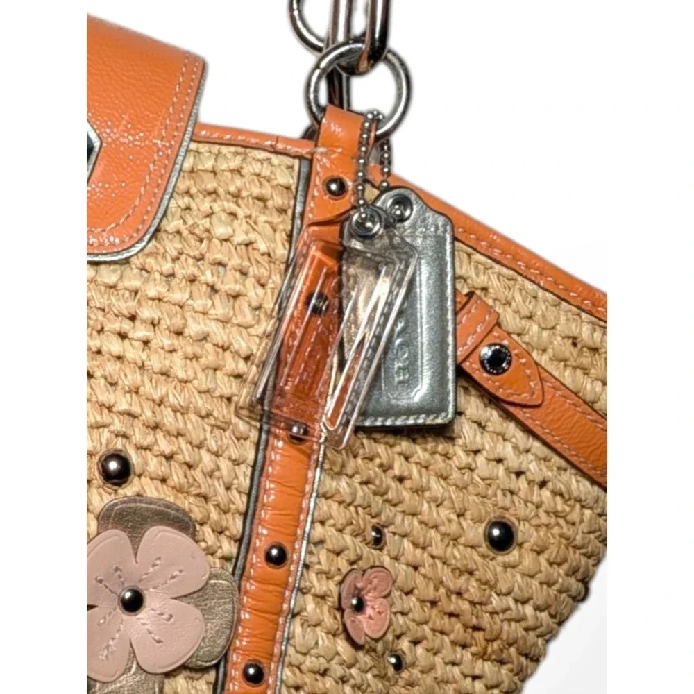 Coach Madison Straw Tote Flower Applique Natural & Orange Raffia Silver Studded